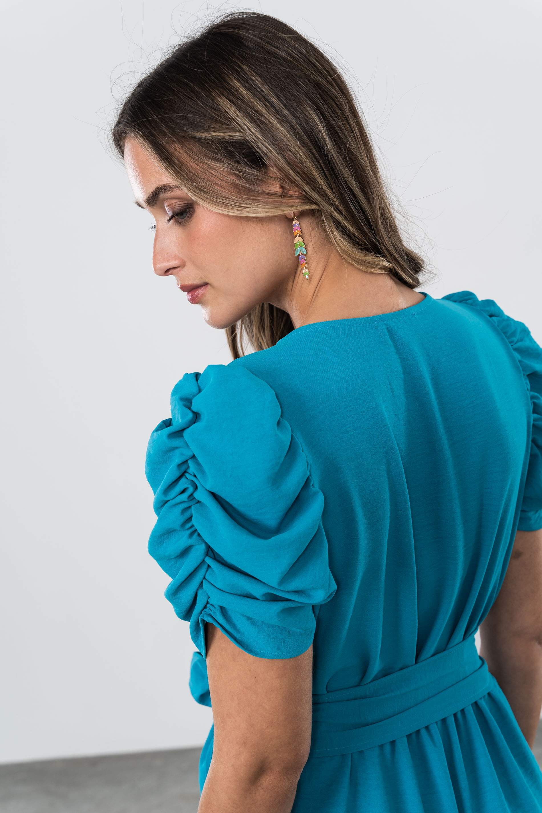 VESTIDO MANGA FRUNCES TURQUESA