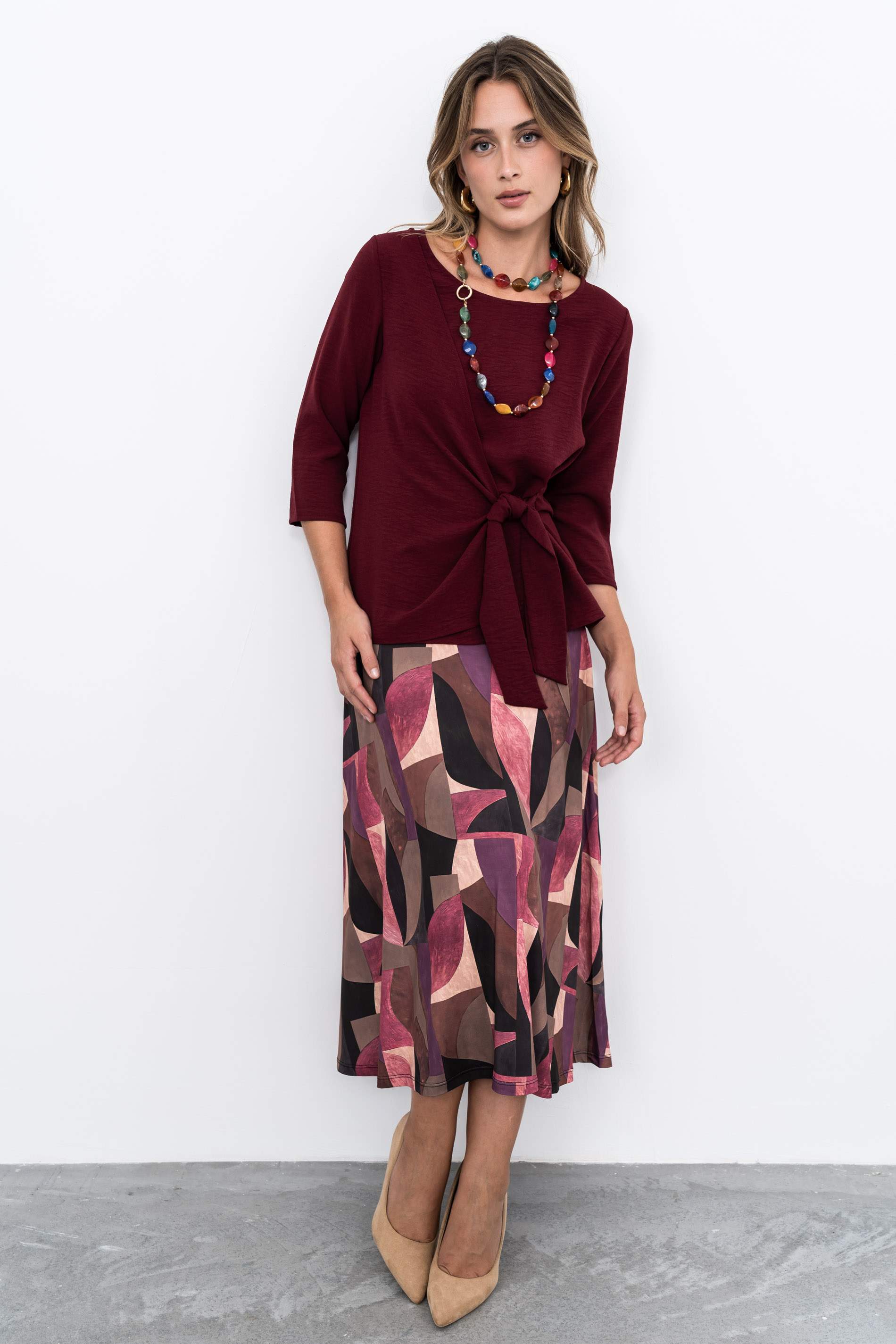 BLUSA EFECTO CRUZADO MANGA FRANCESA BURDEOS
