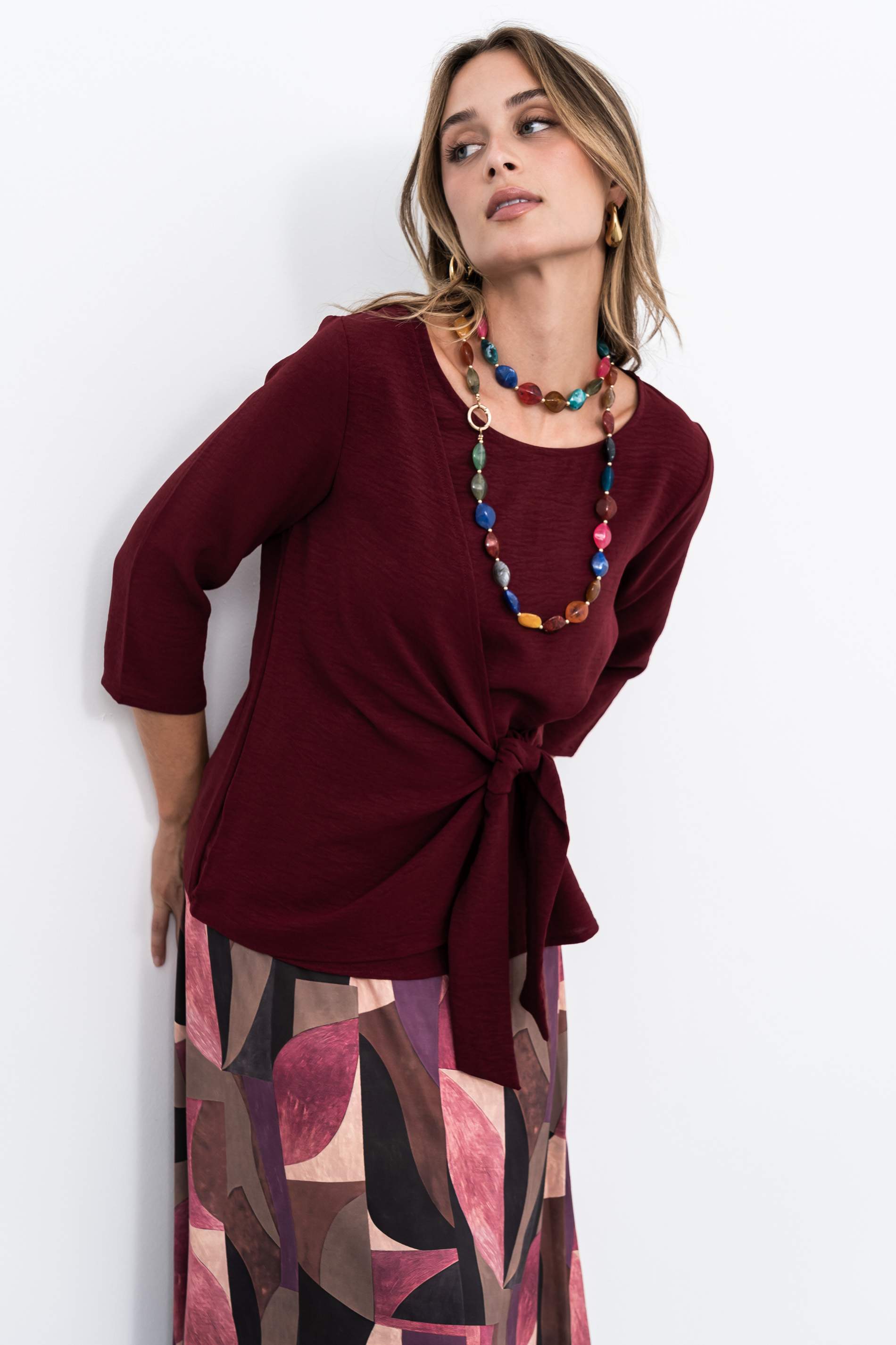 BLUSA EFECTO CRUZADO MANGA FRANCESA BURDEOS