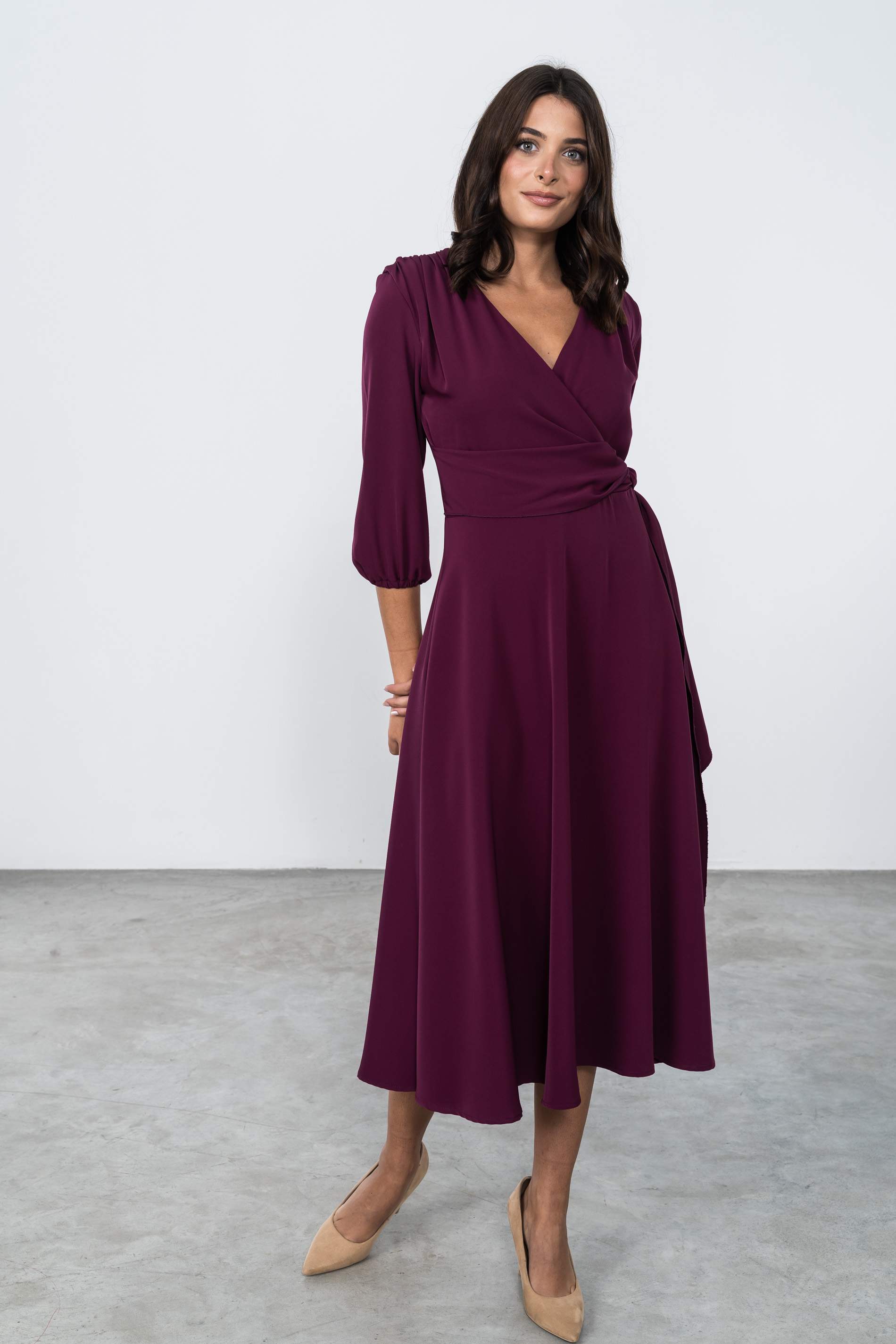 VESTIDO LAZO MANGA FRANCESA BERENJENA