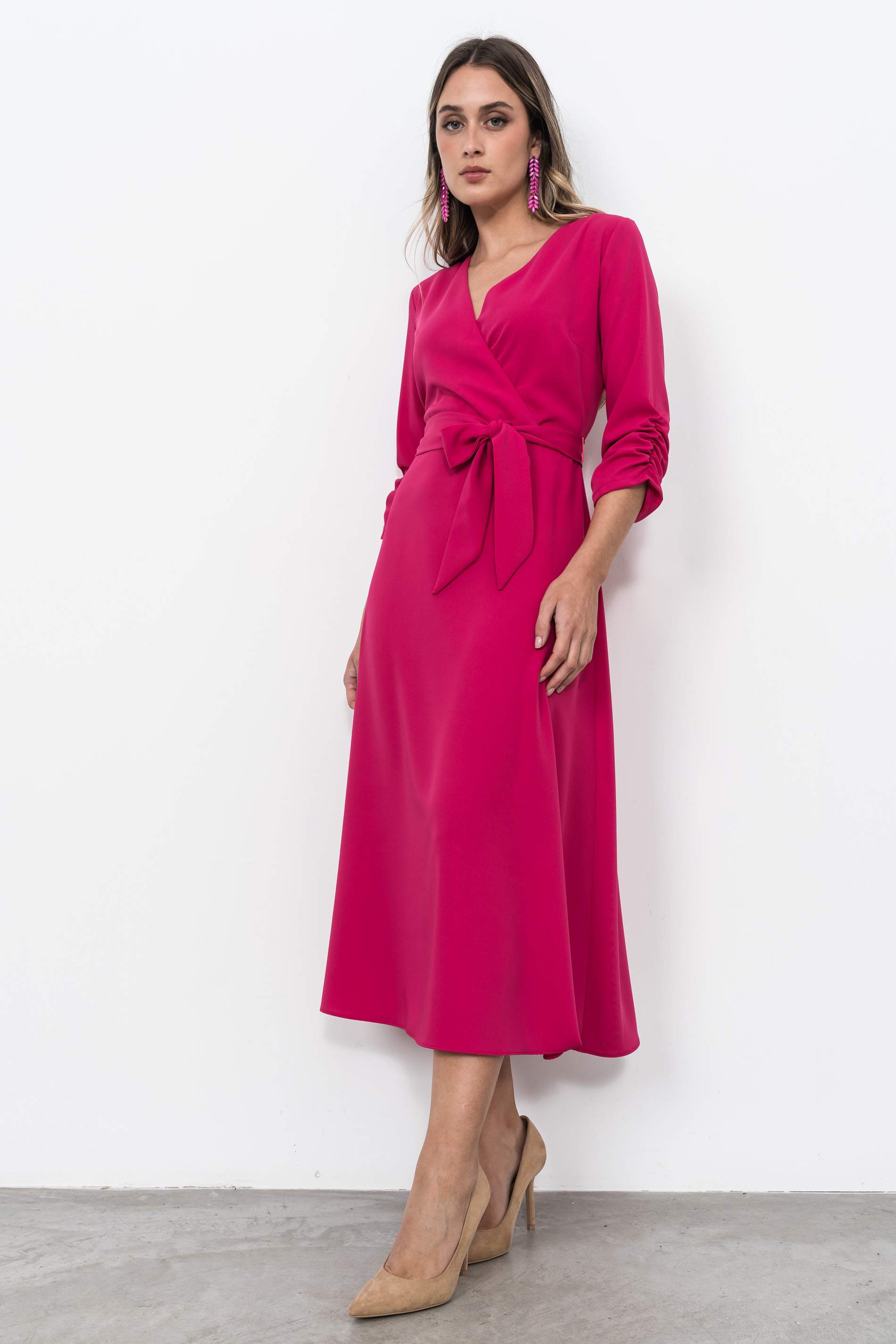 VESTIDO EFECTO CRUZADO FUCSIA
