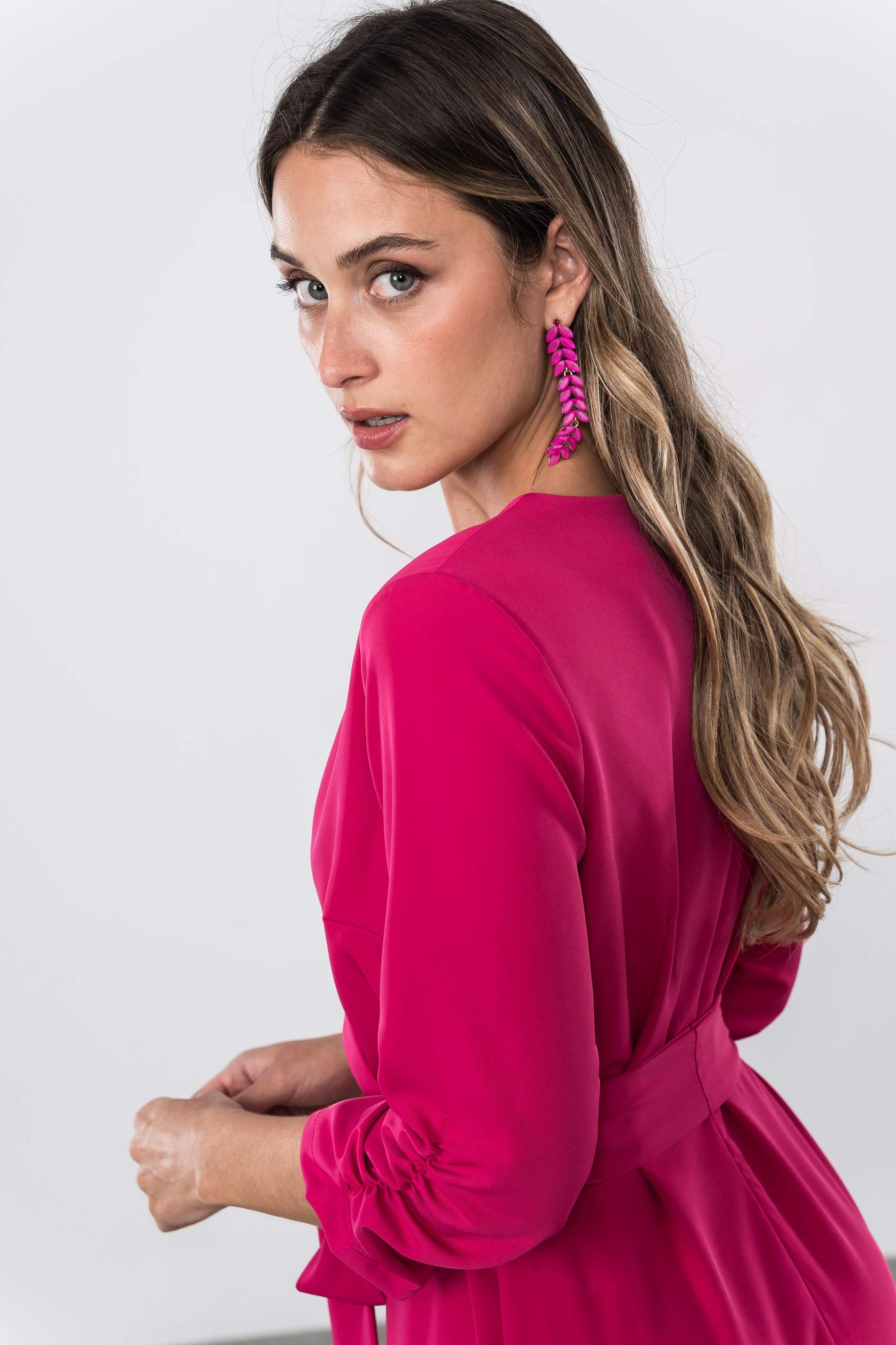 VESTIDO EFECTO CRUZADO FUCSIA