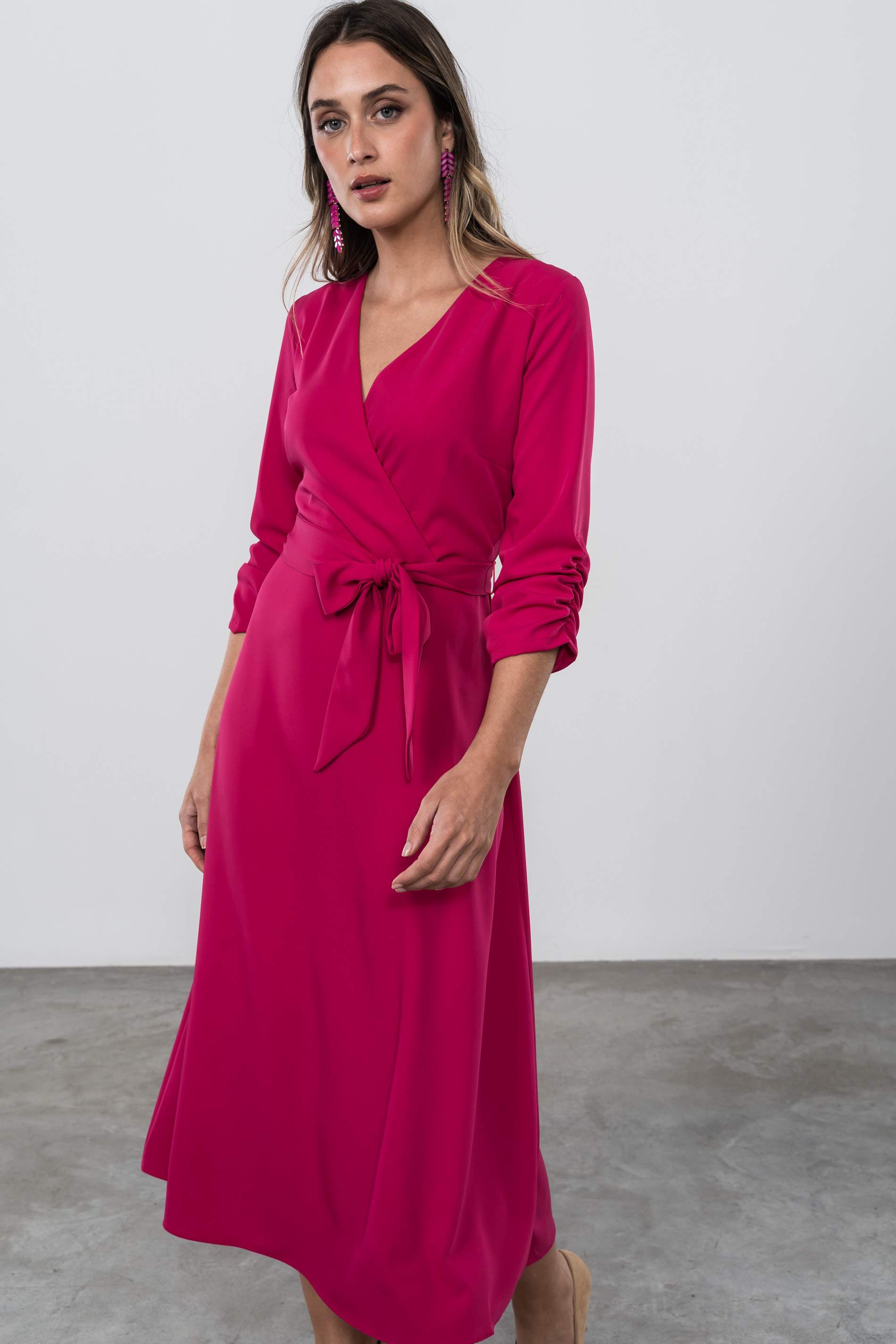 VESTIDO EFECTO CRUZADO FUCSIA