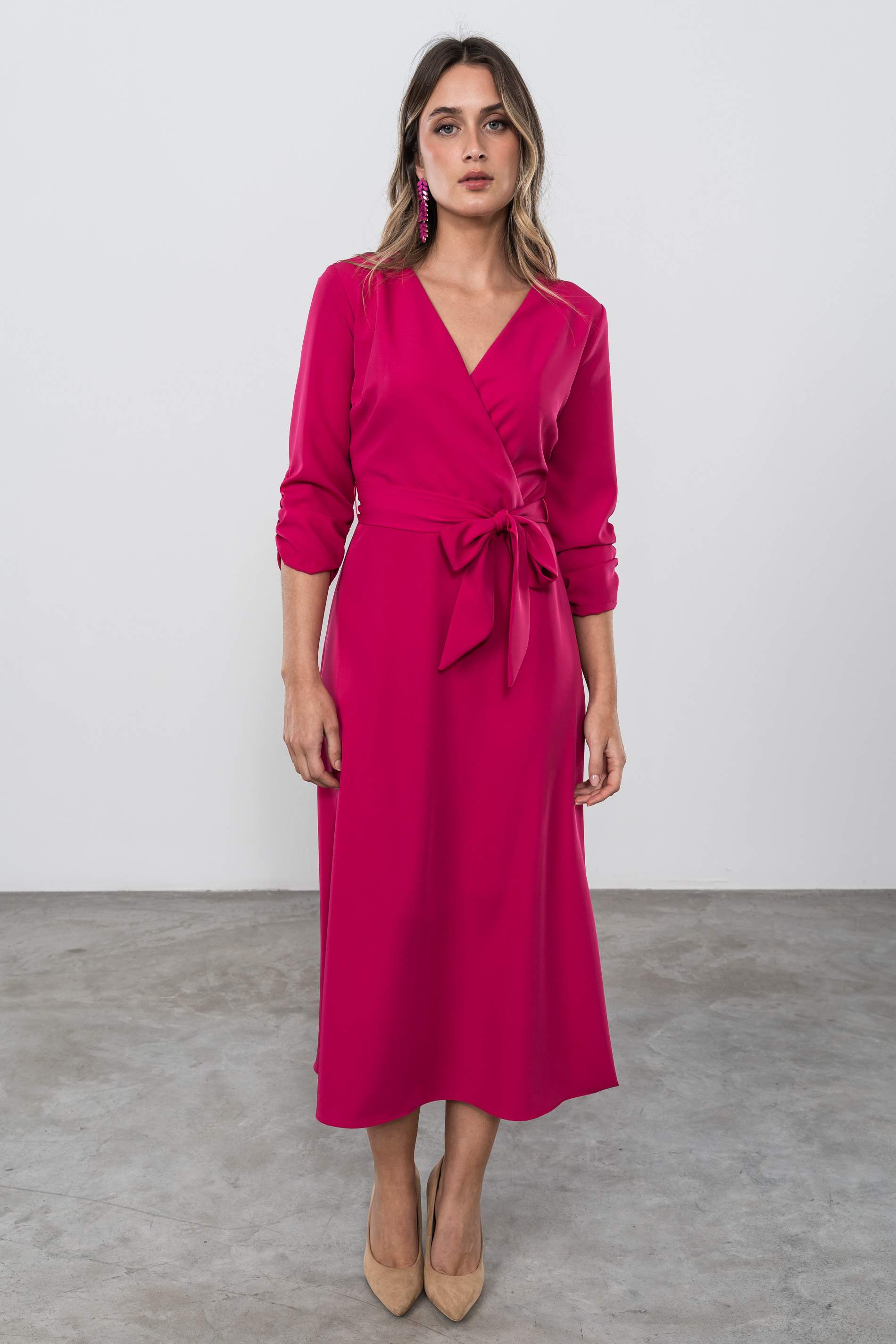 VESTIDO EFECTO CRUZADO FUCSIA