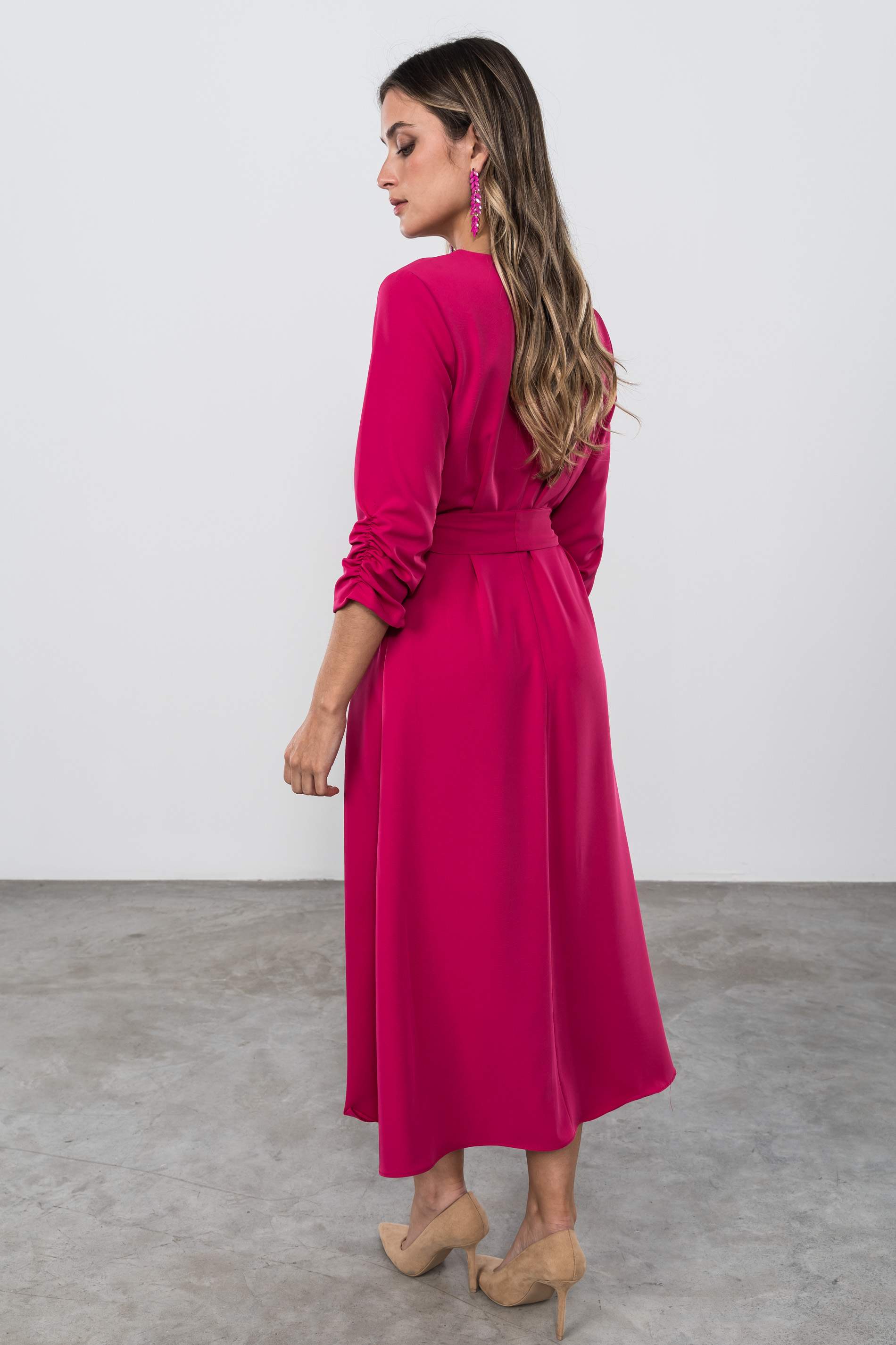 VESTIDO EFECTO CRUZADO FUCSIA