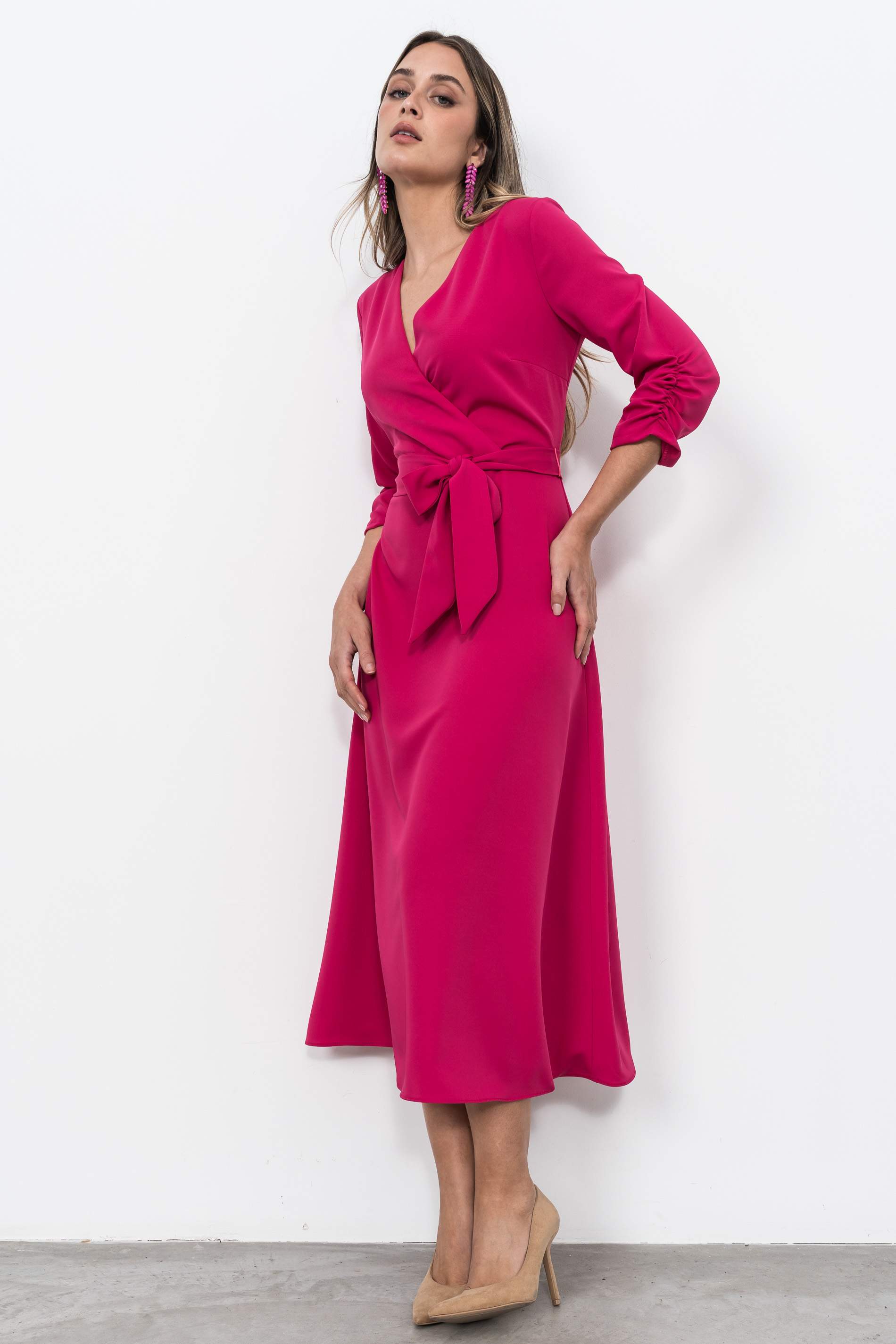 VESTIDO EFECTO CRUZADO FUCSIA