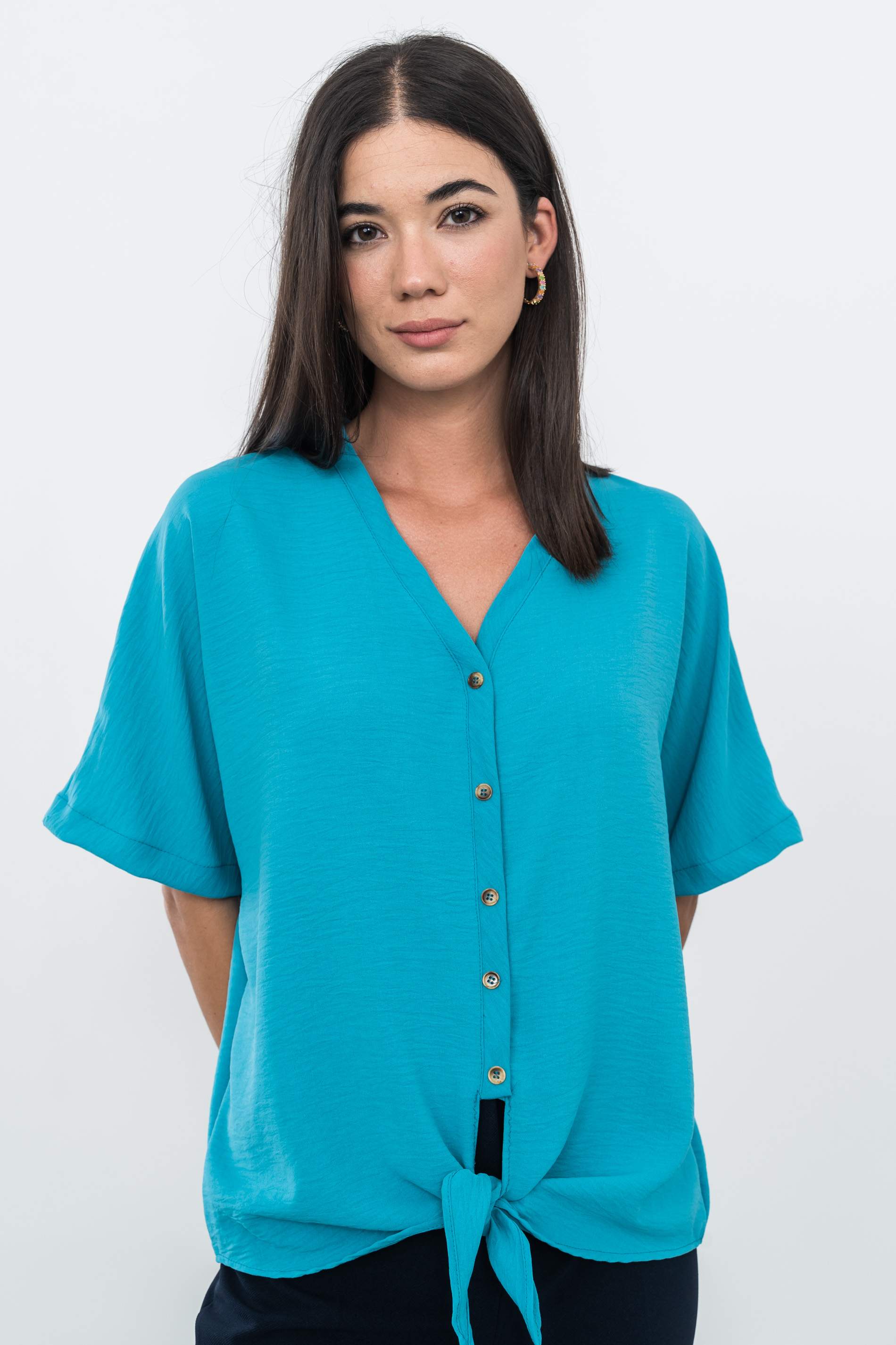 BLUSA BOTONES NUDO TURQUESA