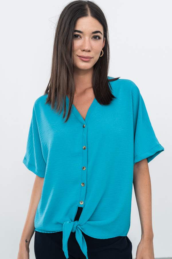 BLUSA BOTONES NUDO TURQUESA