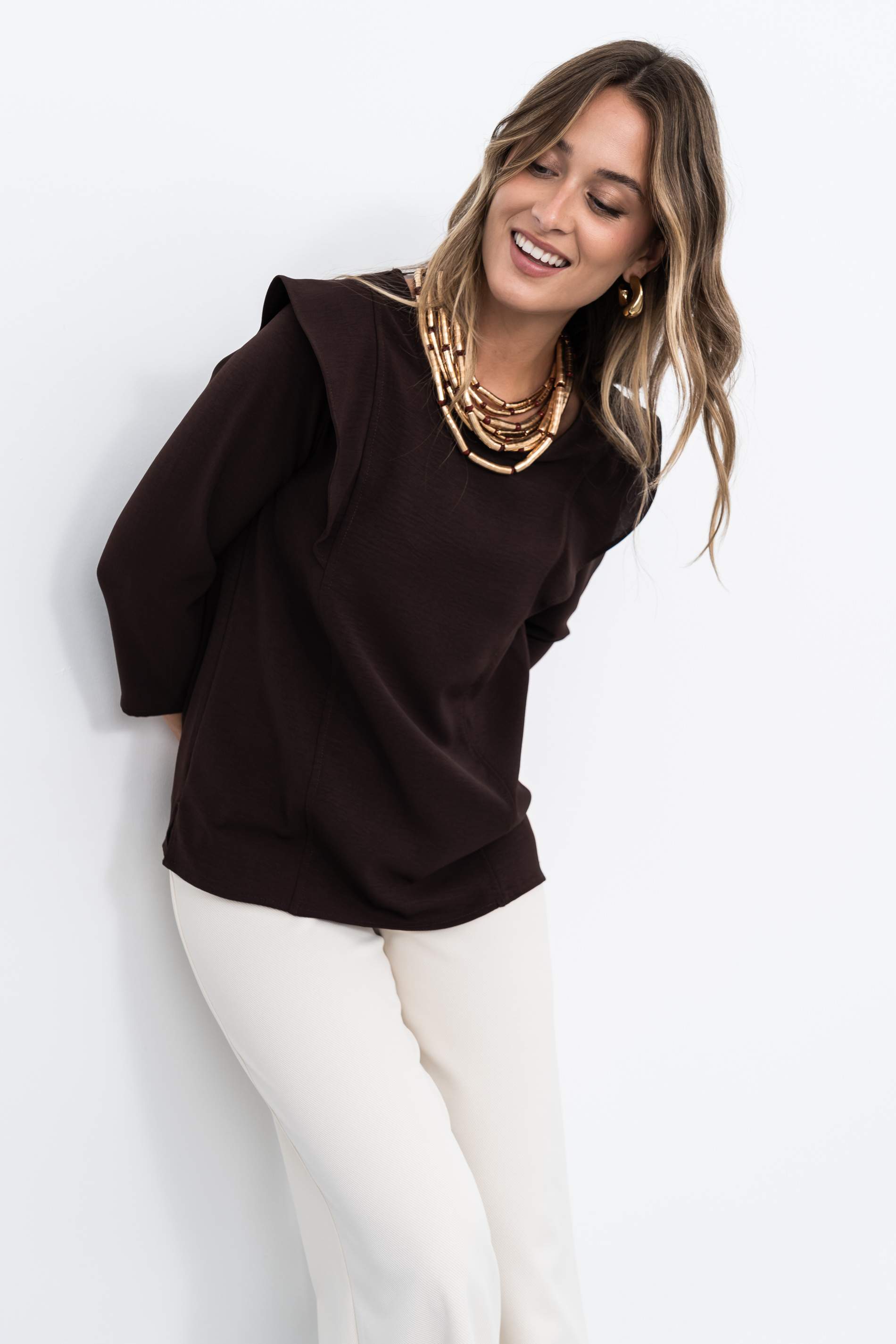 BLUSA MANGA FRANCESA VOLANTE CHOCOLATE