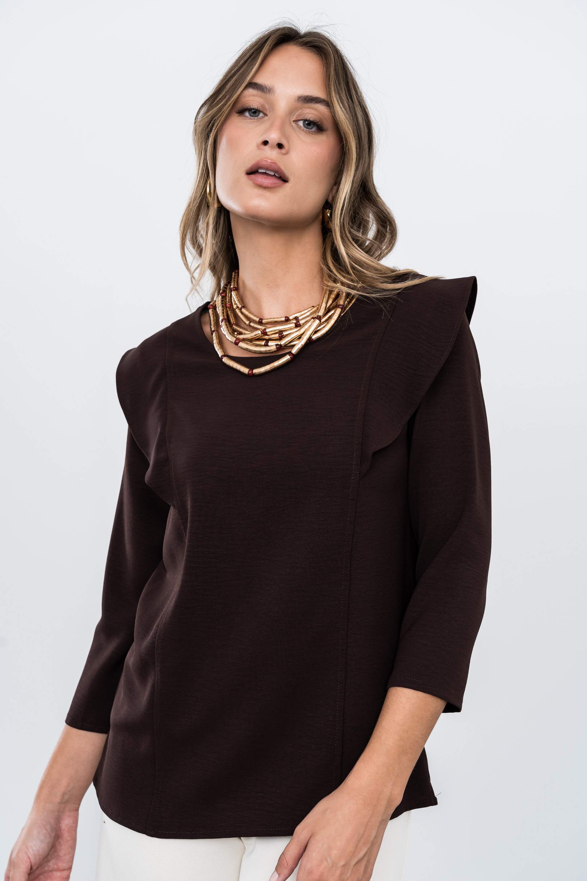 BLUSA MANGA FRANCESA VOLANTE CHOCOLATE