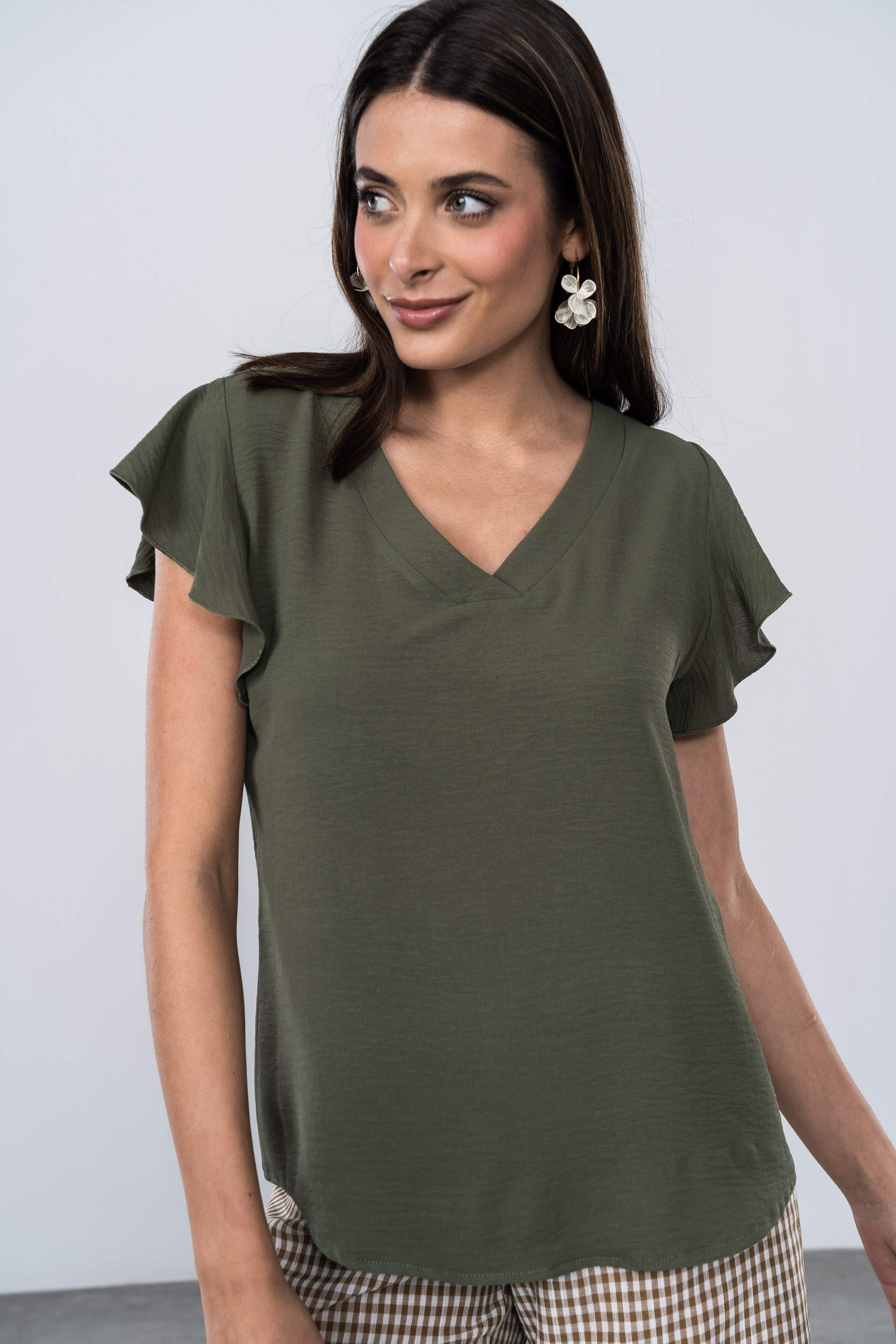 BLUSA CUELLO PICO MANGA CORTA KAKI