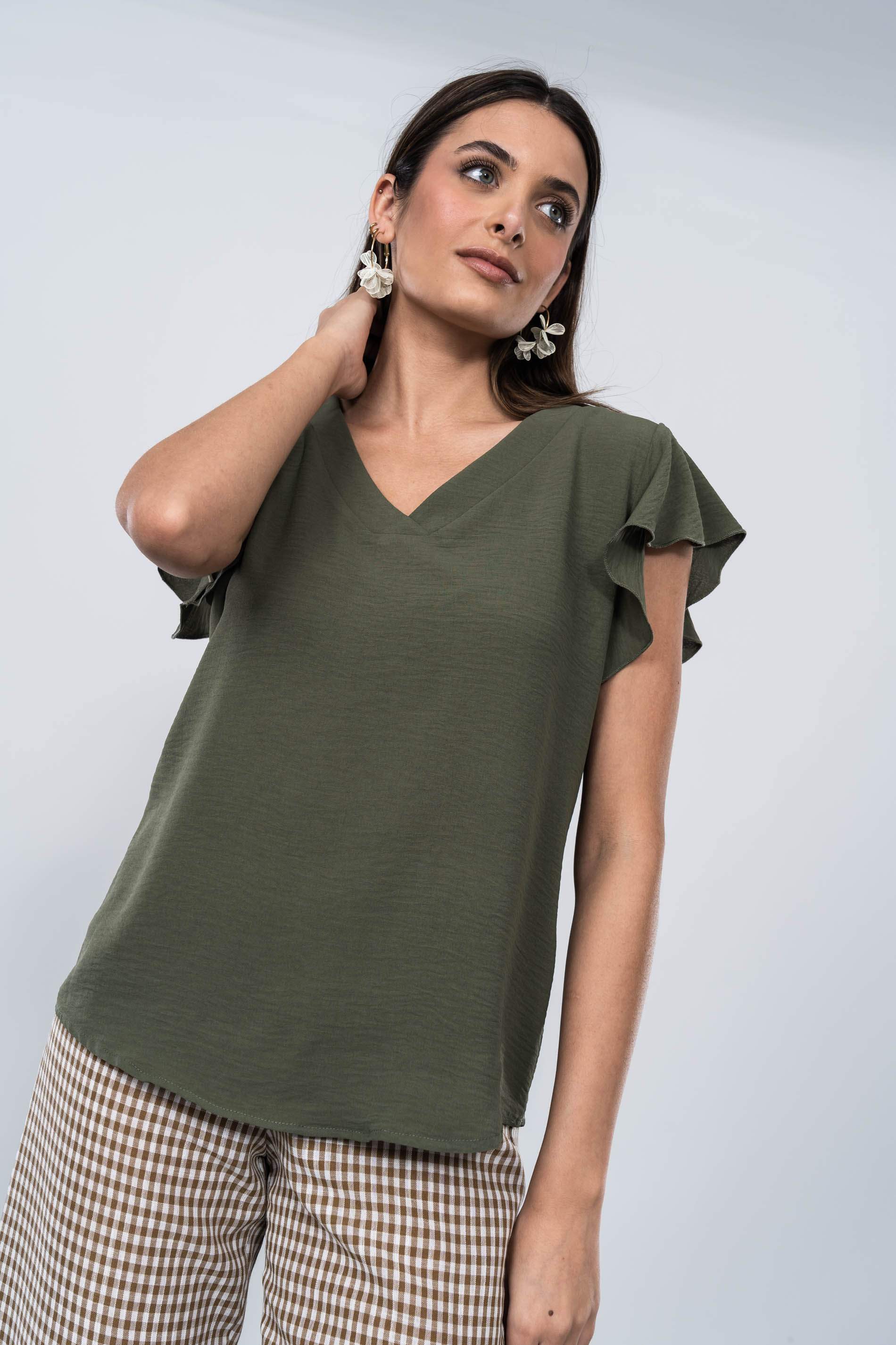 BLUSA CUELLO PICO MANGA CORTA KAKI