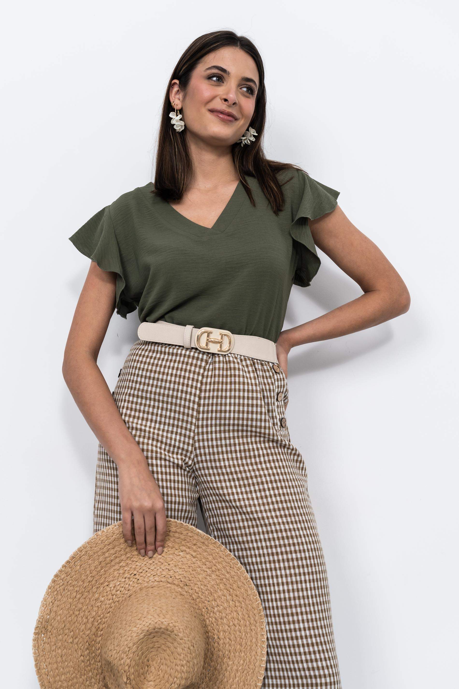 BLUSA CUELLO PICO MANGA CORTA KAKI