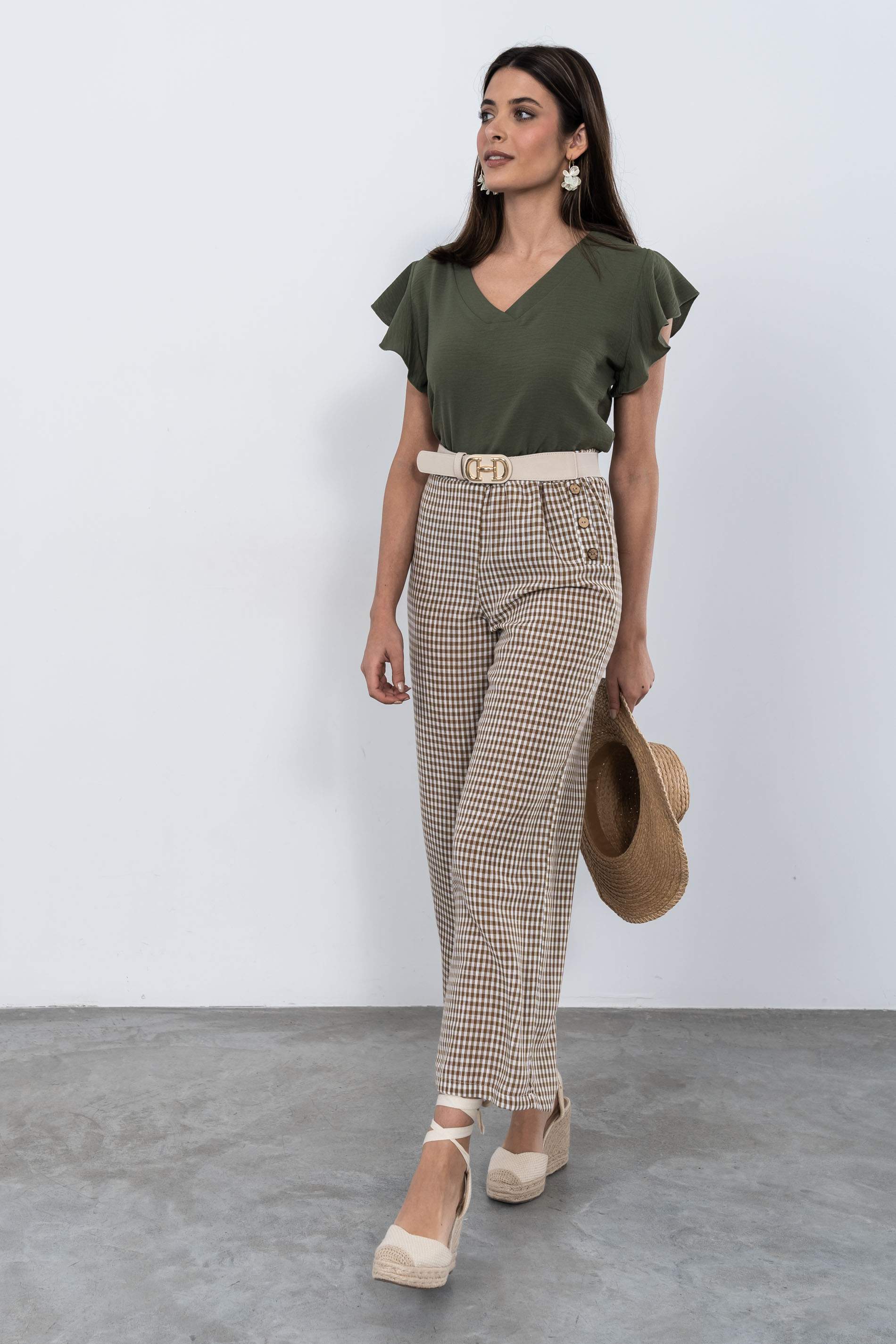 BLUSA CUELLO PICO MANGA CORTA KAKI