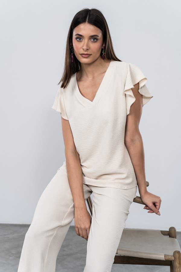 BLUSA CUELLO PICO MANGA CORTA BEIGE